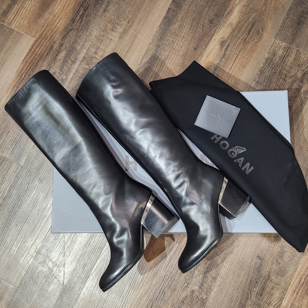 $800 Hogan Knee High Black Heeled Boots Sz 35